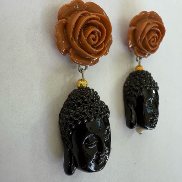 Buddha coffee latte rose post earrings black head zen namaste practice yoga gift - Picture 2 of 3